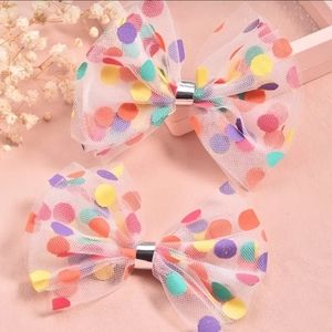 2pcs Kids Girls Dots Prints Mesh Bow Colorful Hair Clips